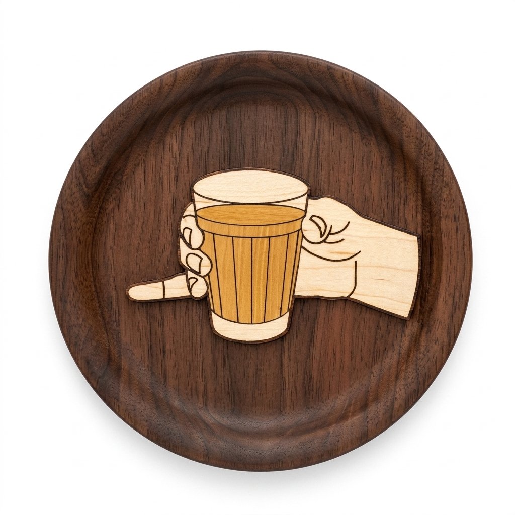 Wooden artwork of a hand gripping a glass of tea