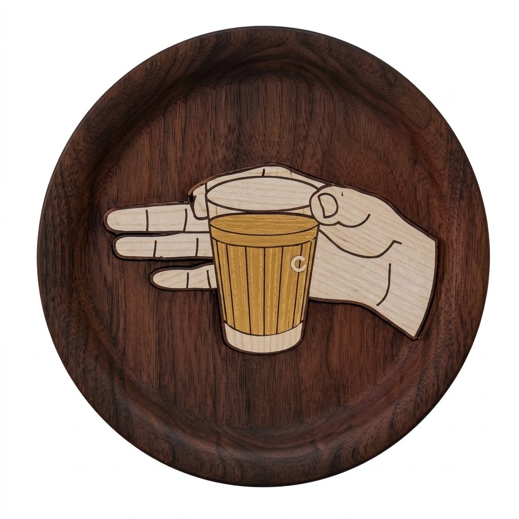 Wooden artwork of an open hand holding a glass of tea